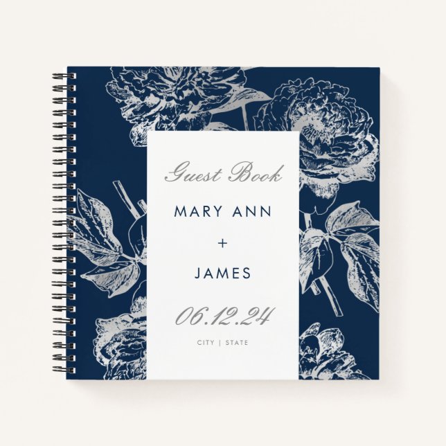 Cuaderno Boda Guestbook Simple Floral Silver Naval Azul (Anverso)