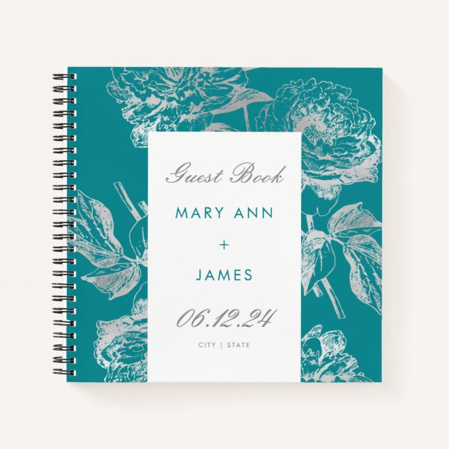 Cuaderno Boda Guestbook Simple Floral Silver Verde azulado (Anverso)