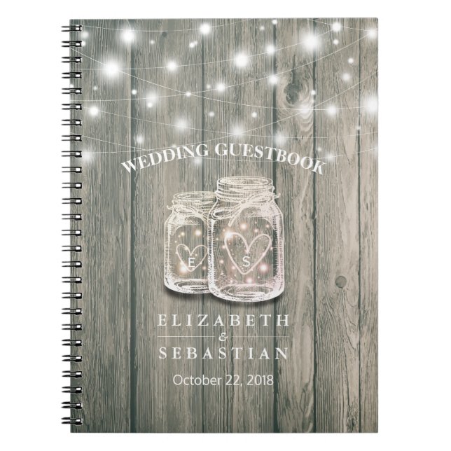 Cuaderno Boda Guestbook Wood Moda Mason Jar String Light (Frente)