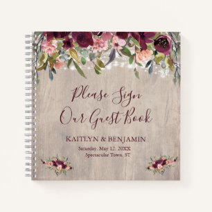 Cuaderno Boda invitado Rústico Wood Floral Lights