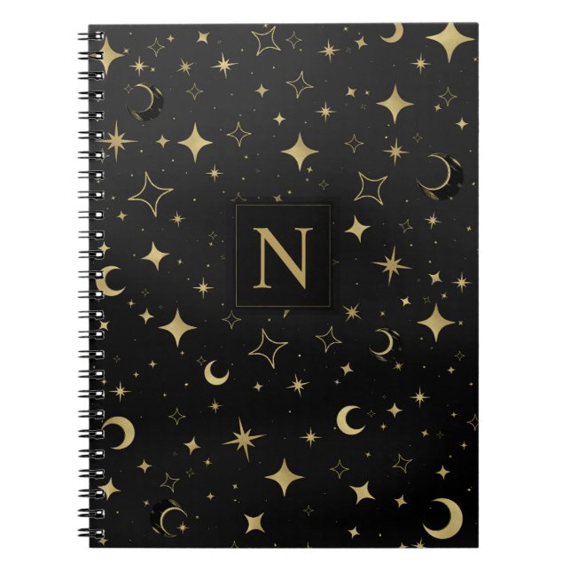 Cuaderno Boda Moderna Celestial de Luna y Estrellas Negro y (Frente)