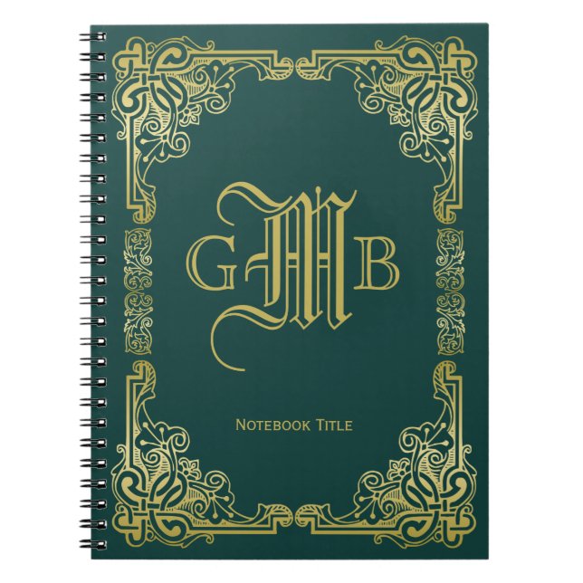 Cuaderno Boda Monograma clásico Marco dorado Verde oscuro (Frente)