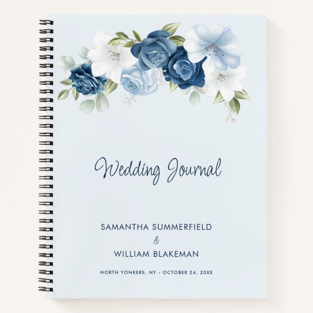 Cuaderno Boda personalizada floral azul polvoriento Chic (Anverso)