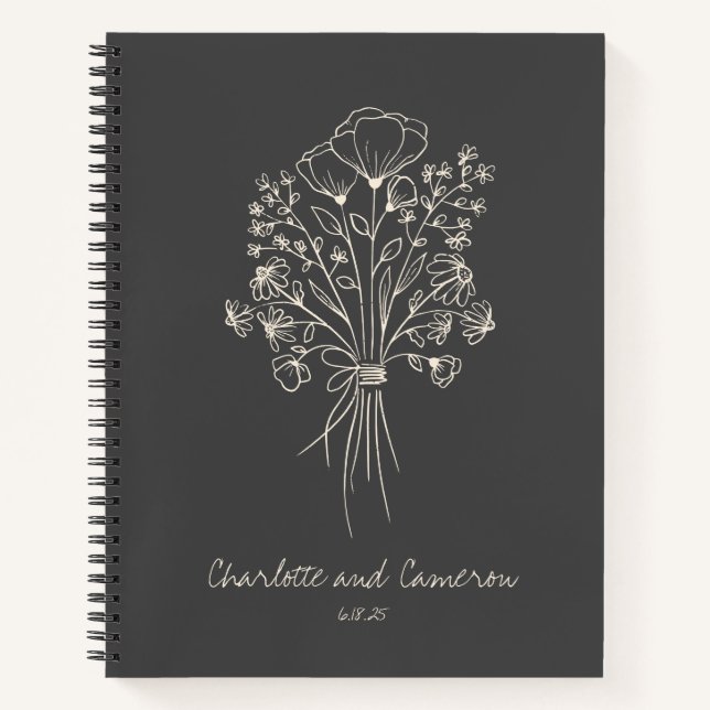 Cuaderno Boda personalizado de dibujo de líneas de flores d (Anverso)