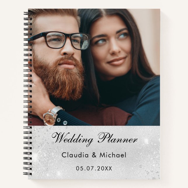 Cuaderno Boda purpurina de plata foto de novia (Anverso)