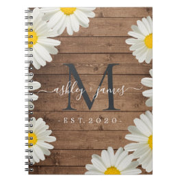 Cuaderno Boda Sr. Monogram Daisies Floral Rustic Wood