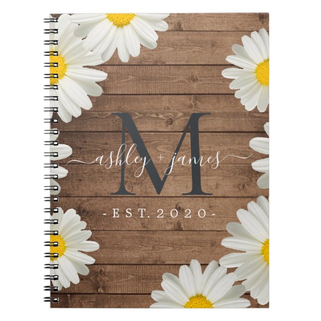 Cuaderno Boda Sr. Monogram Daisies Floral Rustic Wood (Frente)
