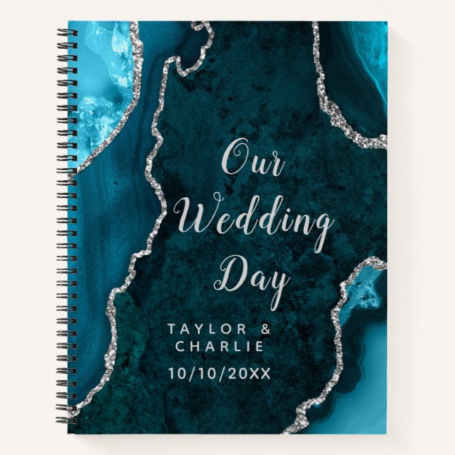 Cuaderno Boda verde azulado de mármol azul y plateado (Anverso)