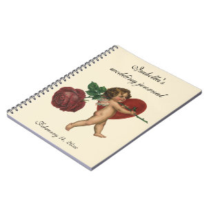 Cuaderno Boda vintage, cupido con rosa roja y corazón