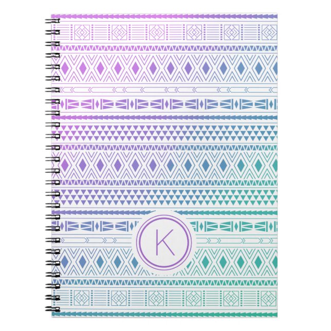 Cuaderno Boho azul morado monograma Ombre (Frente)