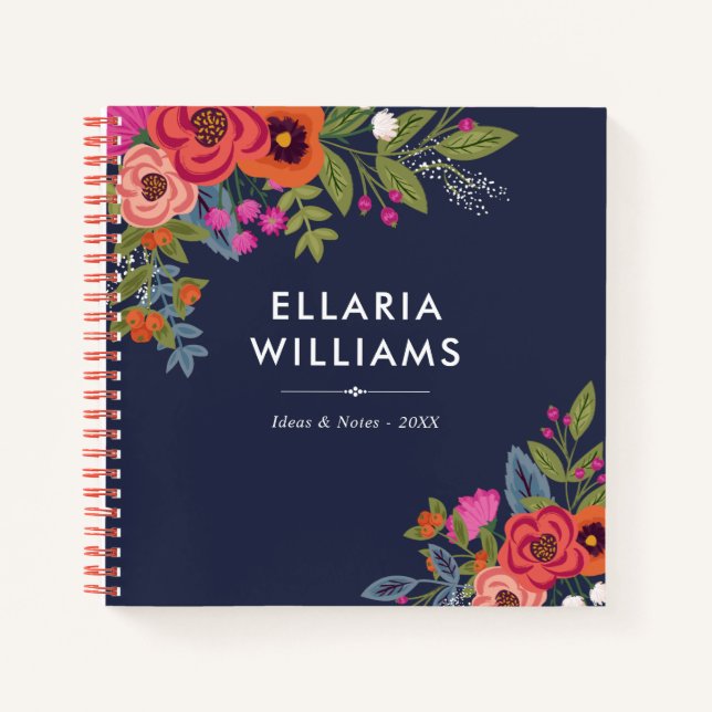 Cuaderno Boho Bouquets - Azul y Coral de la Marina - Nombre (Anverso)