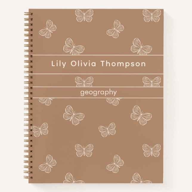 Cuaderno Boho Butterfly Pattern School Girls Name Tan Brown (Anverso)