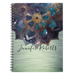 Cuaderno Boho Floral Azul Oro Mandala Moda Metálico Verde