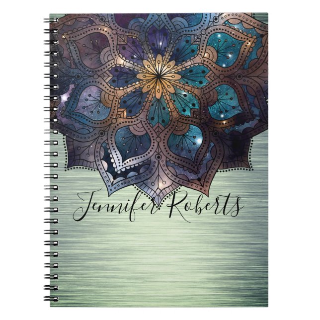 Cuaderno Boho Floral Azul Oro Mandala Moda Metálico Verde (Frente)