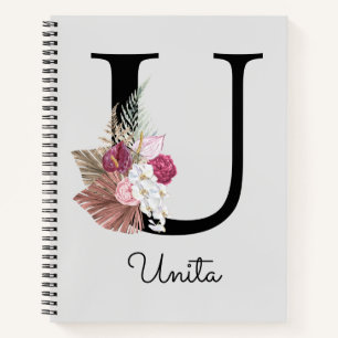 Cuaderno Boho Floral Girly Rosa Monograma Inicial U