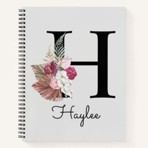 Cuaderno Boho floral inicial H rosa monograma femenino
