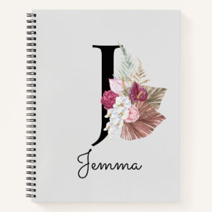 Cuaderno Boho floral inicial J rosa monograma para chicas
