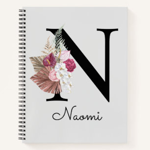 Cuaderno Boho floral inicial N rosa monogramada