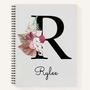 Cuaderno Boho floral inicial R rosa monograma femenino