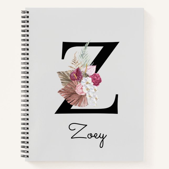 Cuaderno Boho floral inicial Z rosa monograma (Anverso)