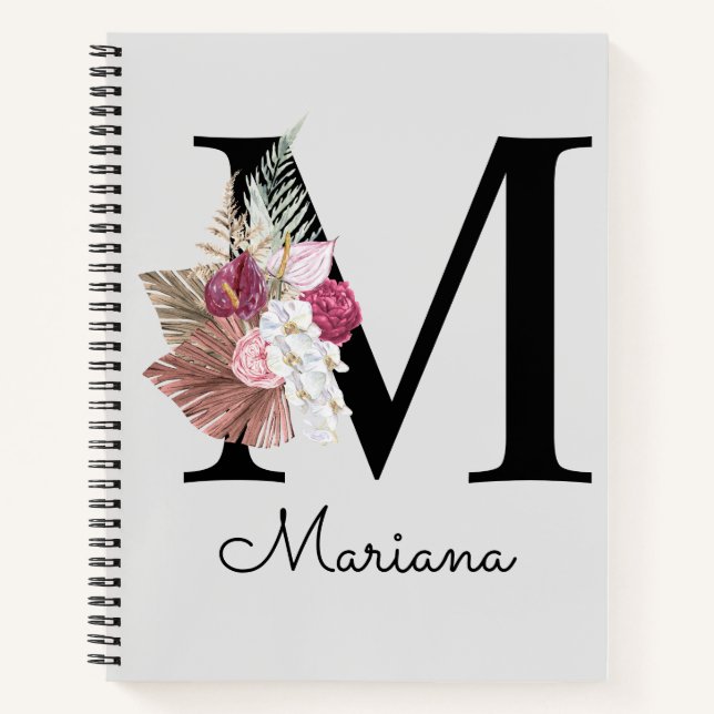 Cuaderno Boho Floral Rosa Monograma Inicial M Femenina (Anverso)