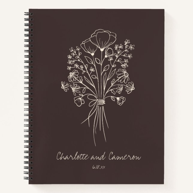 Cuaderno Boho Flower Line Art Drawing Brown Custom Wedding (Anverso)