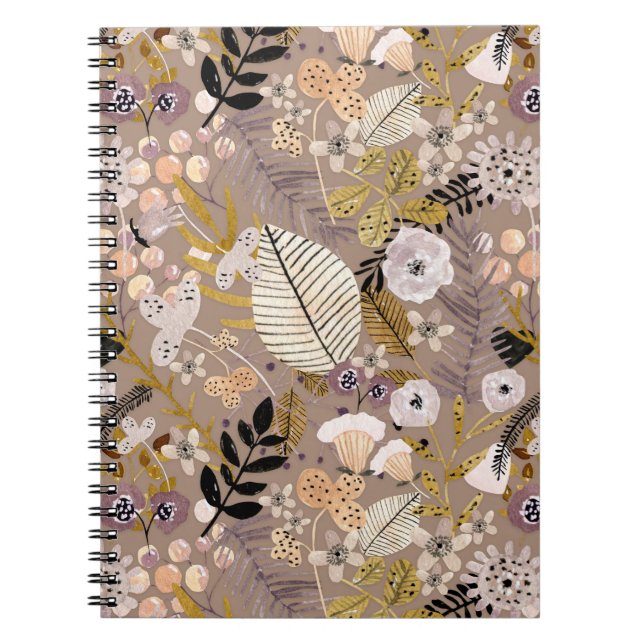 Cuaderno Boho Negro Blanco Dorado Melocotón Hoja Floral Dib (Frente)