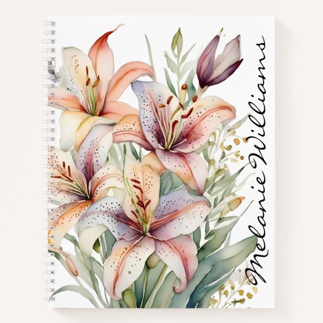 Cuaderno Boho Pink Watercolor Lilies | Nombre personalizado (Anverso)
