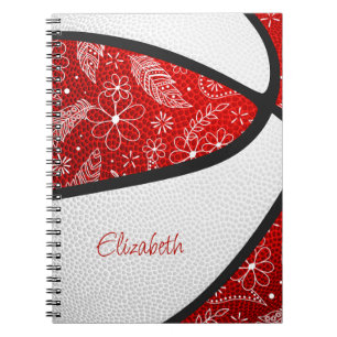 Cuaderno Boho plumas paisajistas baloncesto blanco rojo
