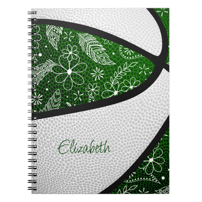 Cuaderno Boho plumas paisajistas Baloncesto blanco verde (Frente)