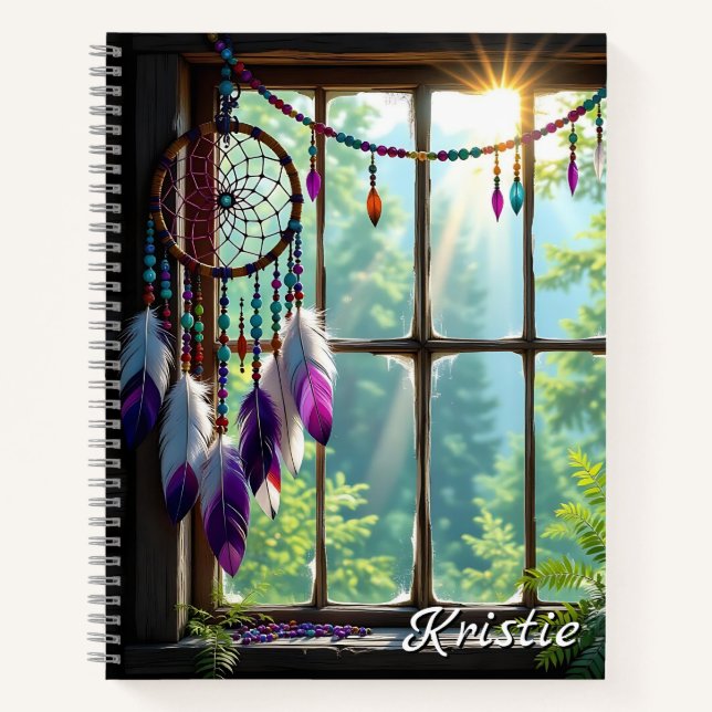 Cuaderno Boho Purple Dreamcatcher in Window  Personalized (Anverso)