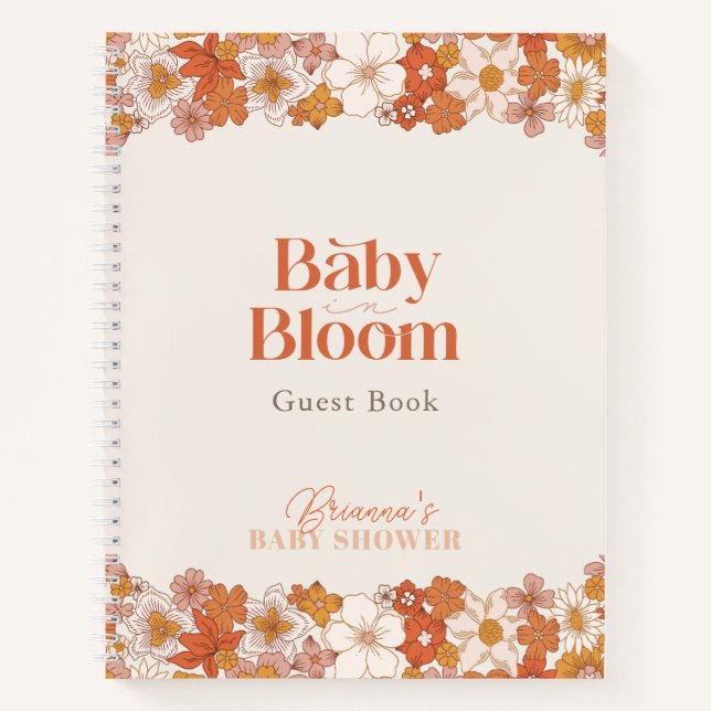 Cuaderno Boho Retro Groovy Floral Baby Shower Guest Book (Anverso)