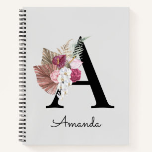 Cuaderno Boho rosa moderno Girly Floral Inicial A