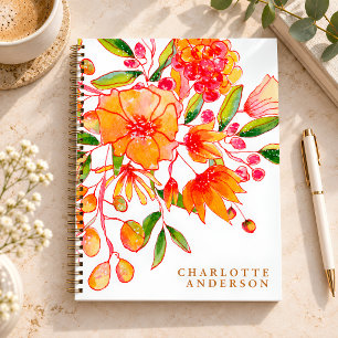 Cuaderno Boho Rosa y Naranja Floral Nombre Personalizado