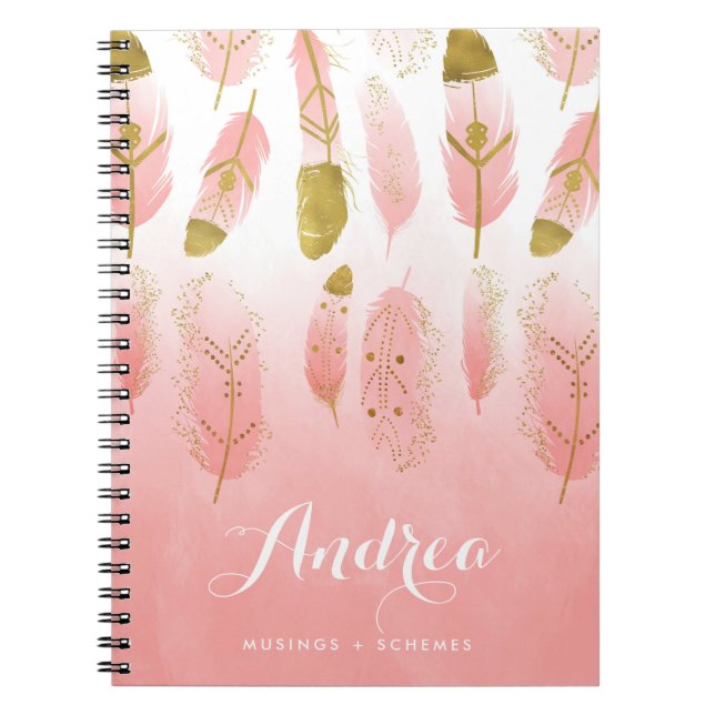 Cuaderno Boho Rubor Pink Feathers Ombre Personalizado (Frente)