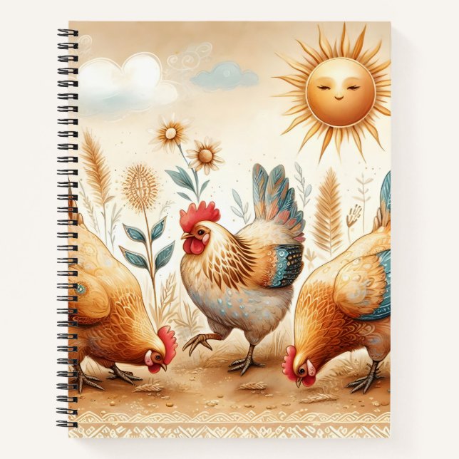 Cuaderno Boho Rustic Farm Portátil de Pollos Ilustrados (Anverso)