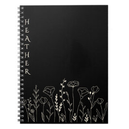 Cuaderno Boho Wildflower Personalized Black Gift for Her