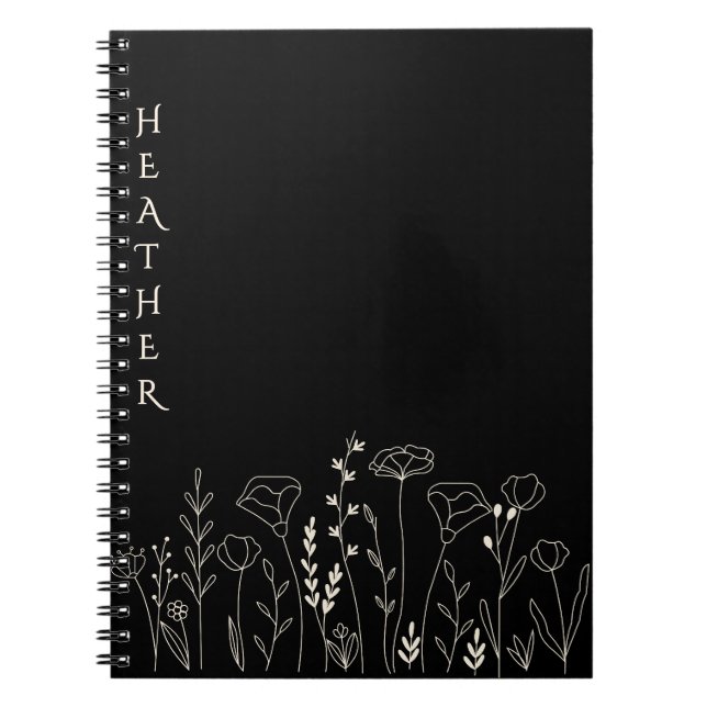 Cuaderno Boho Wildflower Personalized Black Gift for Her (Frente)