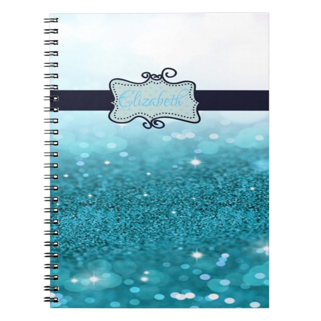Cuaderno Bokeh Purpurina azul moderno, personalizado (Frente)