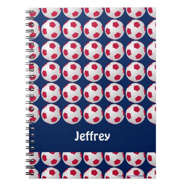 Cuaderno Bolas de fútbol rojas, blancas y azules, nombre, e (Frente)