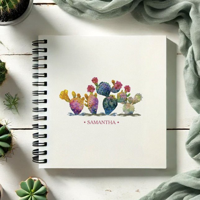 Cuaderno Boletín de acuarela de Boho (Watercolor cactus notebook personalized with your name in pink. )