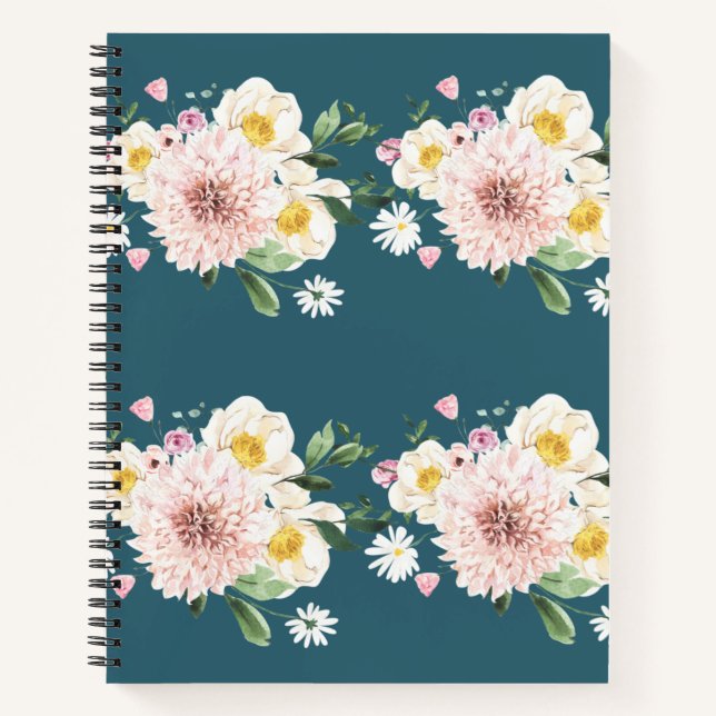 Cuaderno Boletín de espiral de flores verdes florales (Anverso)