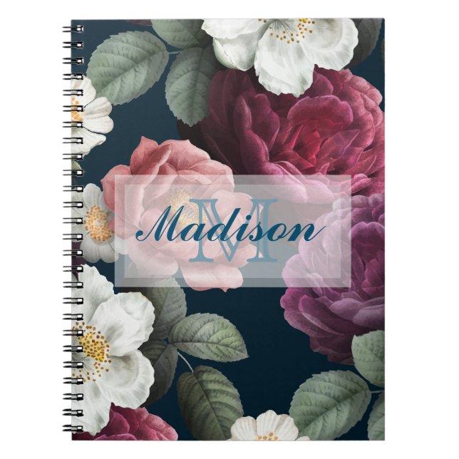 Cuaderno Boletín De Monograma Floral Blanco Y Borgoña (Frente)