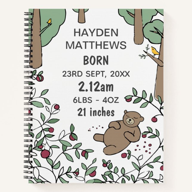 Cuaderno Boletín del bebé personalizado de Woodland Bear (Anverso)