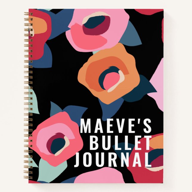 Cuaderno Boletín grande de flores negras rosadas modernas (Anverso)