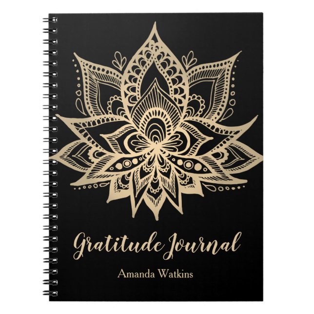 Cuaderno Boletín Gratitude de Boho Black Gold Lotus Flower (Frente)