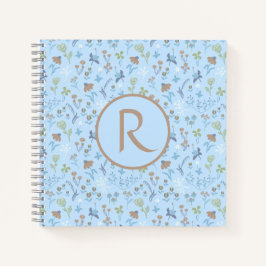 Cuaderno Boletín Monograma azul de flores de carne