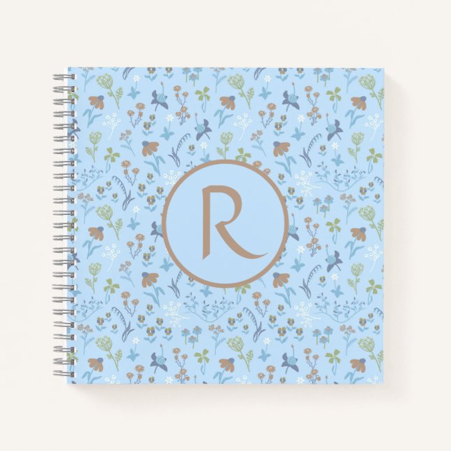 Cuaderno Boletín Monograma azul de flores de carne (Anverso)