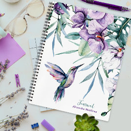 Cuaderno Boletín personalizado morado de colibrí y floral