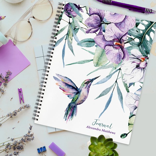 Cuaderno Boletín personalizado morado de colibrí y floral (Customize the text and choose from various page styles with this pretty notebook!)